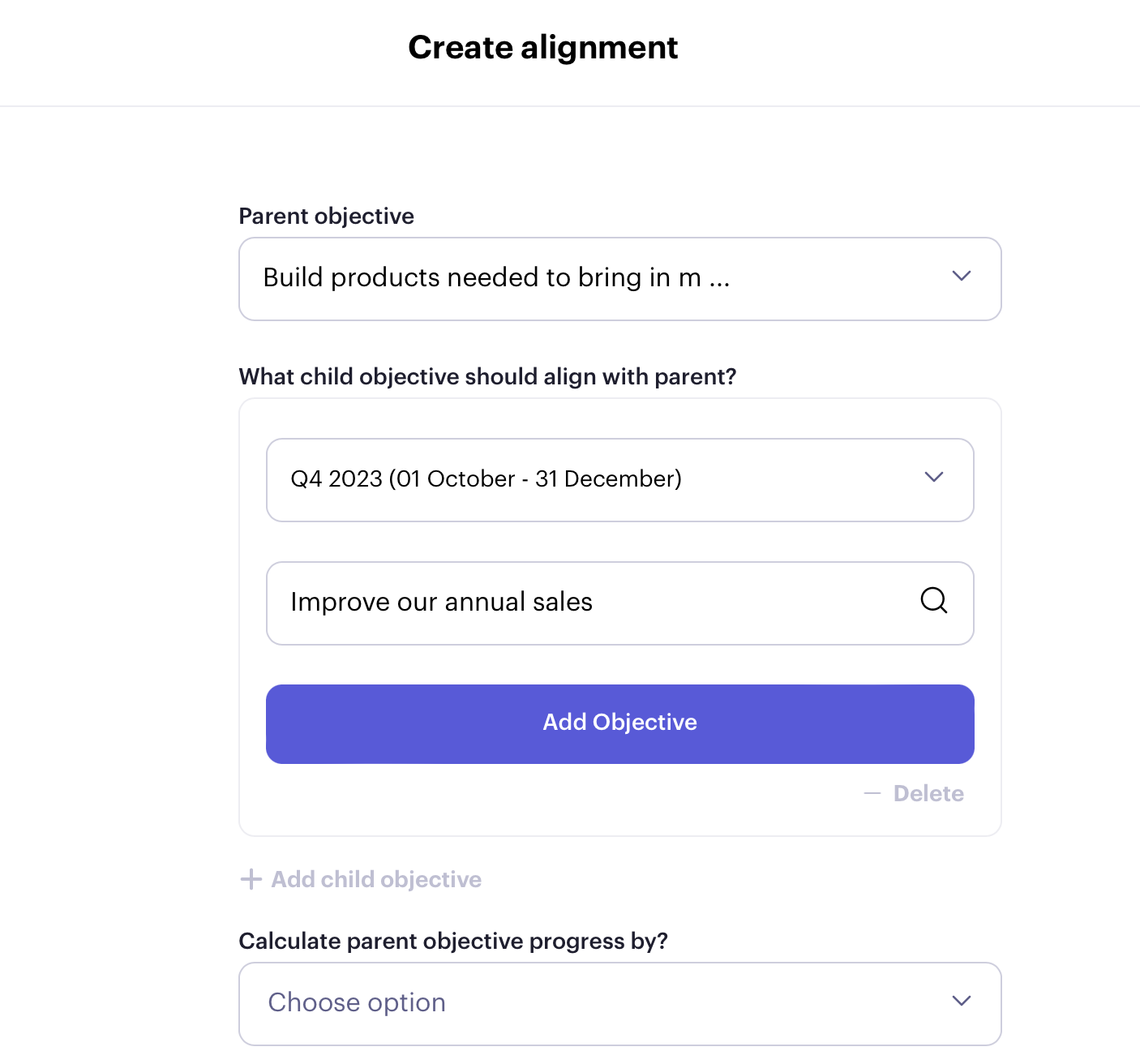 Beam Create alignment form adding a child objective to a parent objective