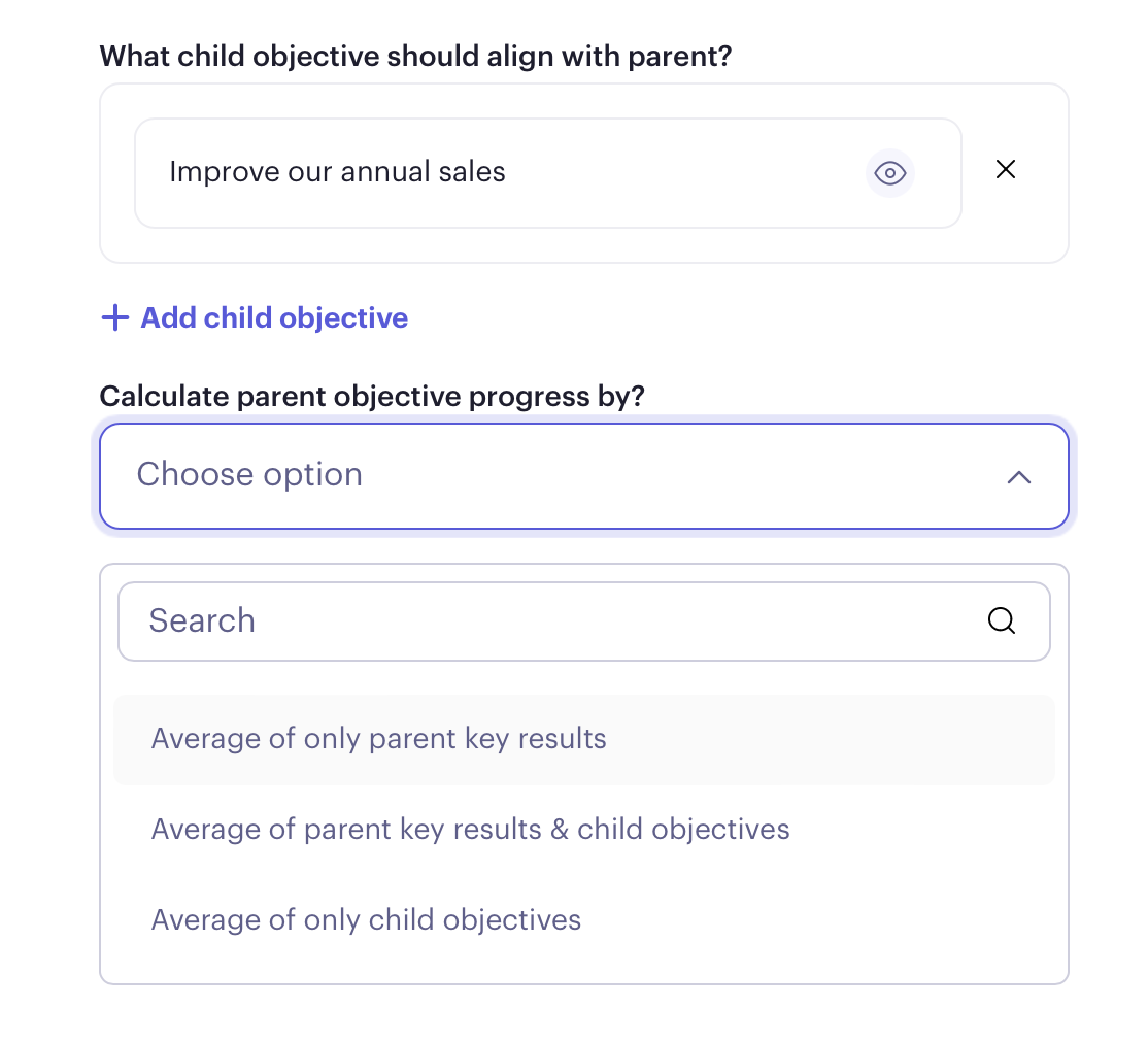 Beam options for calculating parent objective progress from key results and child objectives
