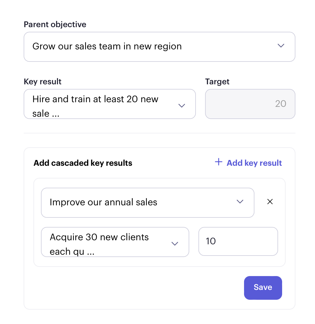 Beam form adding cascaded key results under a parent key result
