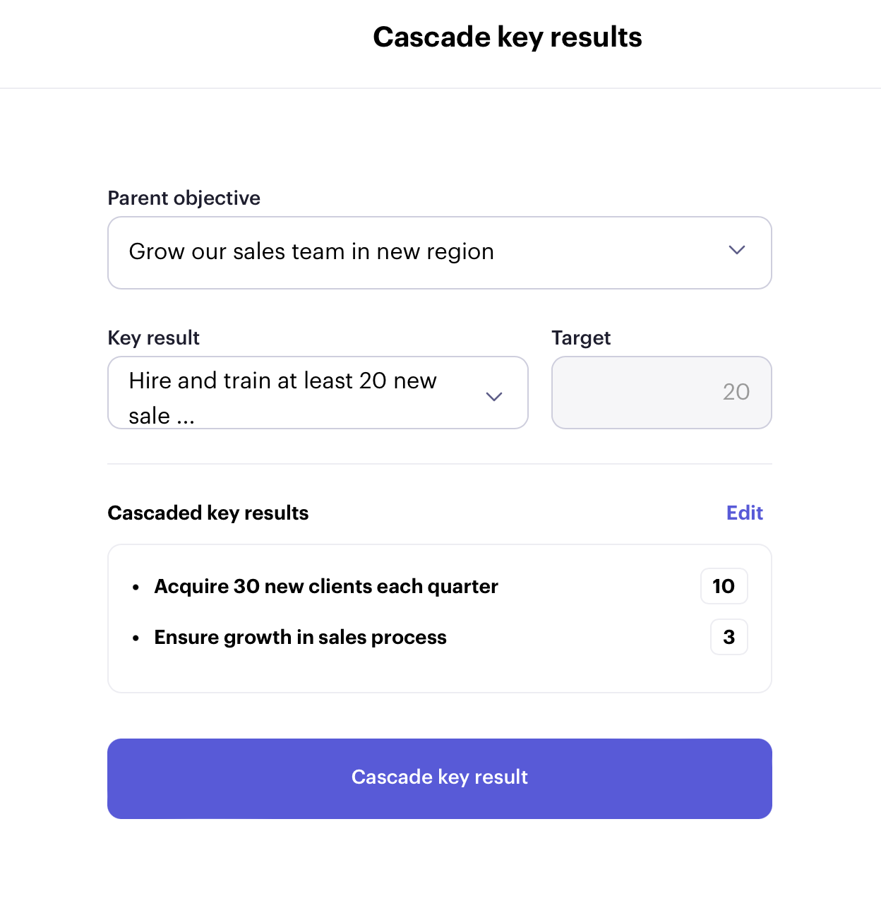 Beam Cascade key results form listing two cascaded key results