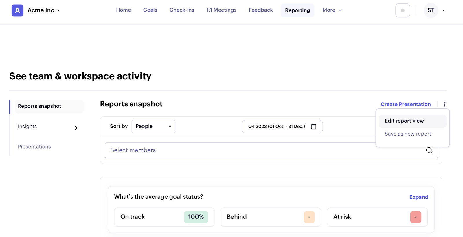 Beam reports snapshot showing average goal status for the team