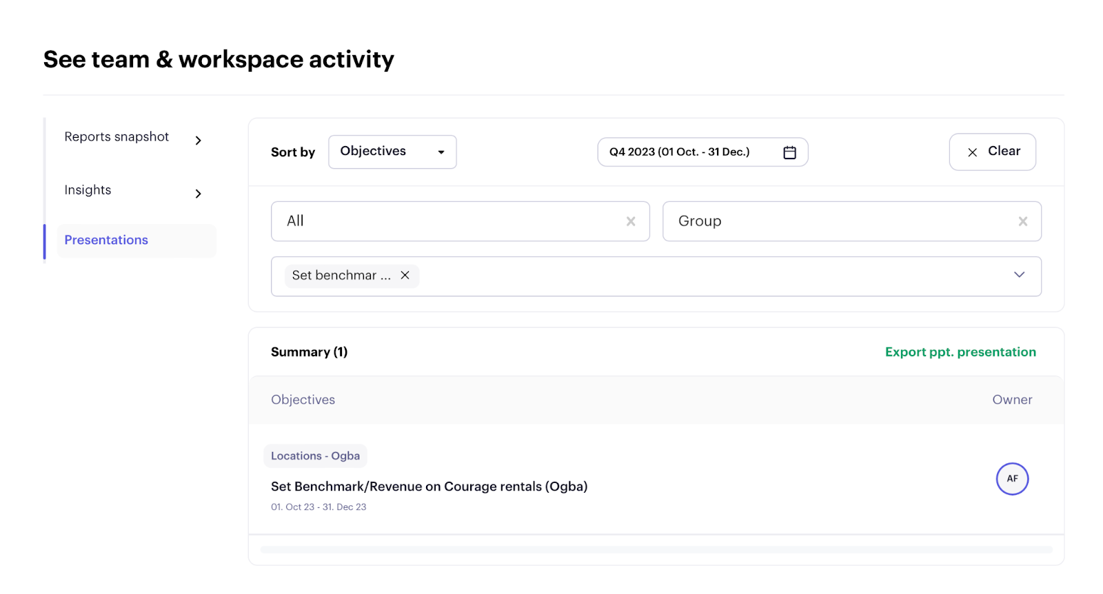 Beam objective report summary with an option to export a presentation