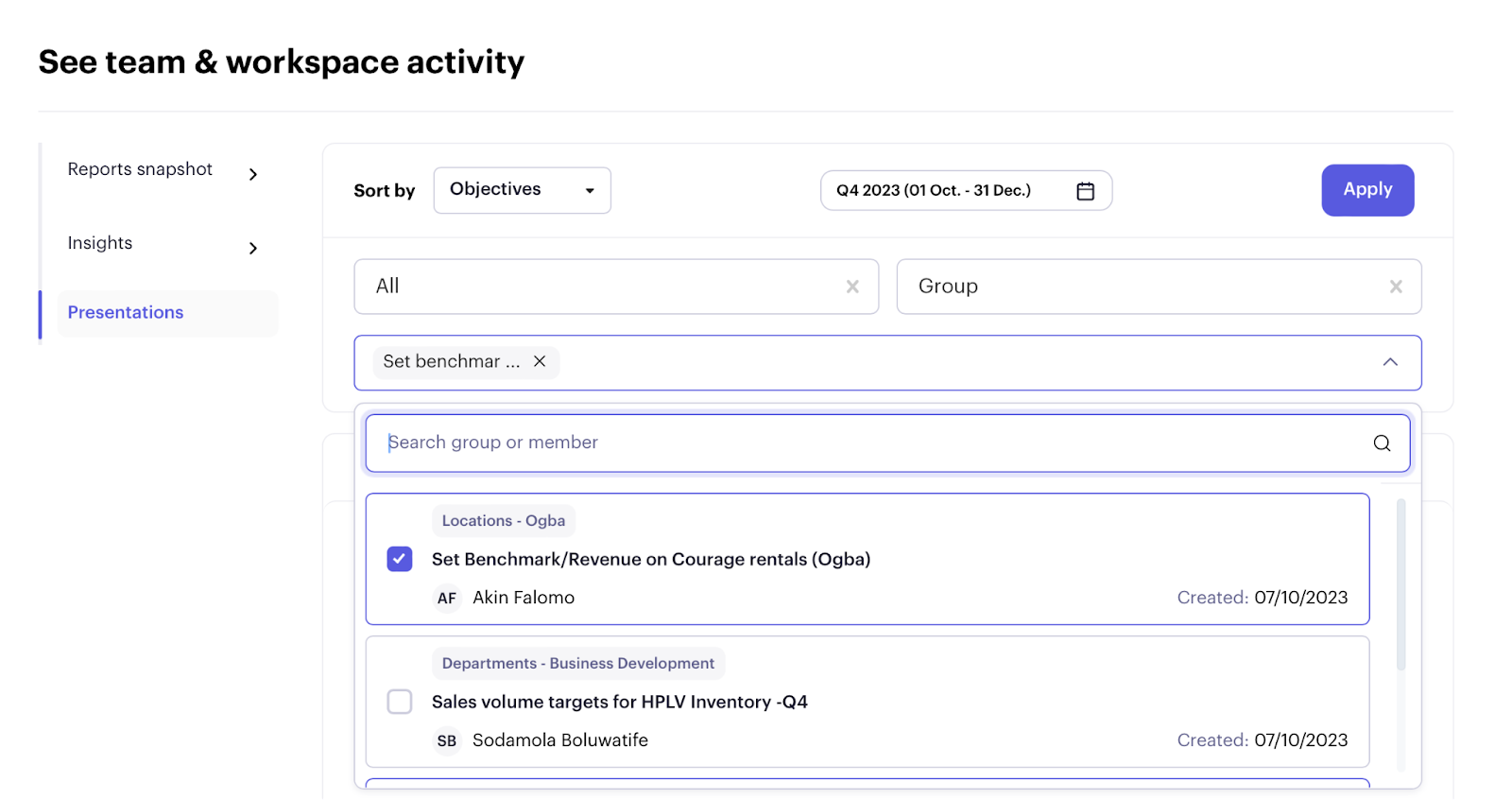 Beam team and workspace activity report filtered by objective