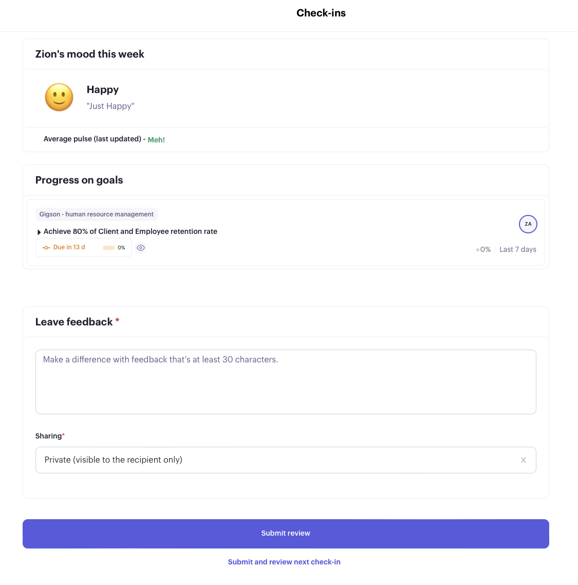 Beam check-in review showing mood, goal progress and a feedback box