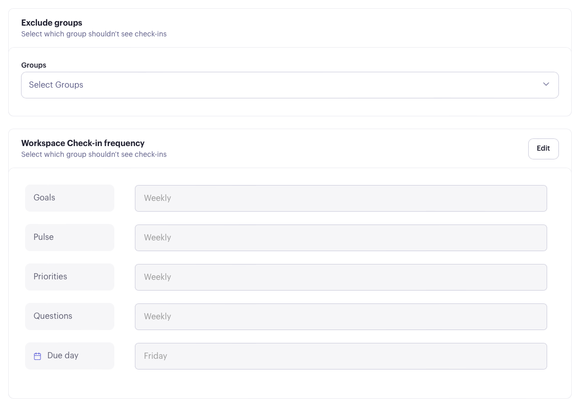 Beam workspace check-in frequency settings for goals, pulse, priorities and questions