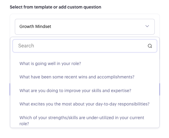 Beam check-in question templates under the Growth Mindset category