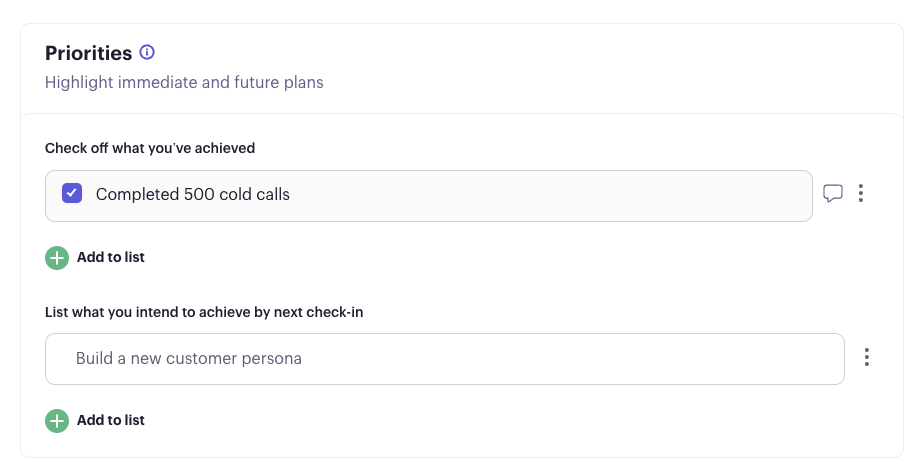 Beam check-in Priorities section listing achieved and upcoming priorities