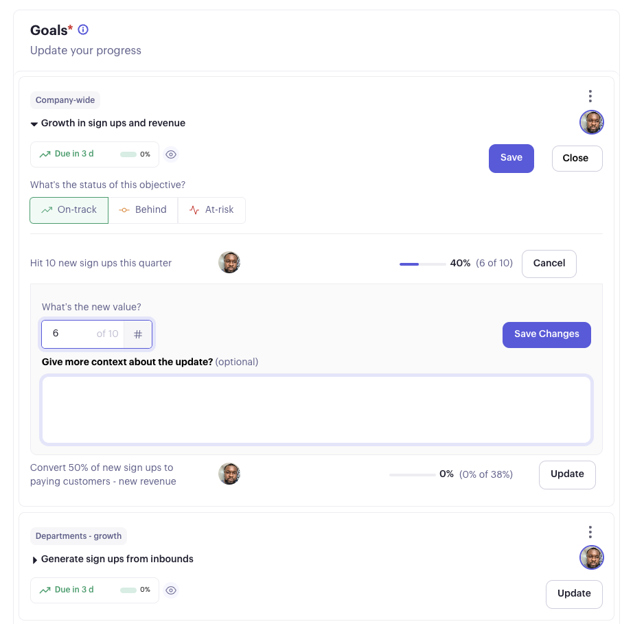 Beam check-in Goals section for updating progress on each goal