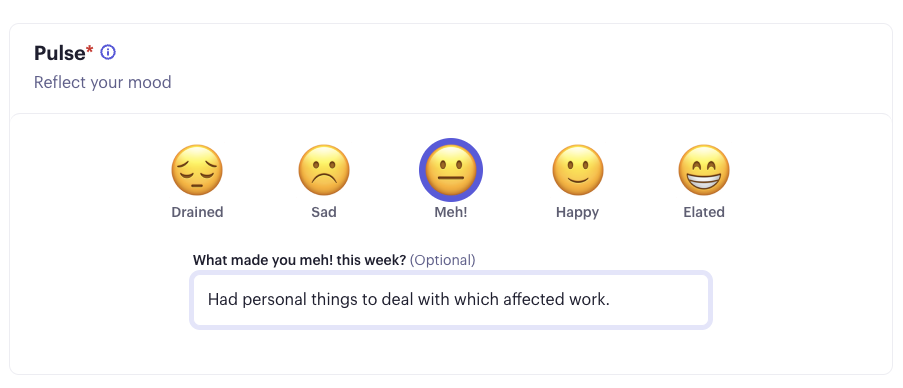 Beam check-in Pulse section with five mood options and an optional comment