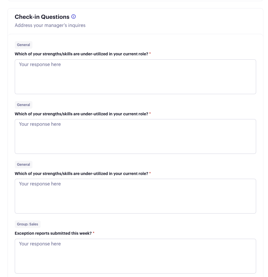 Beam check-in questions with a response box for each question