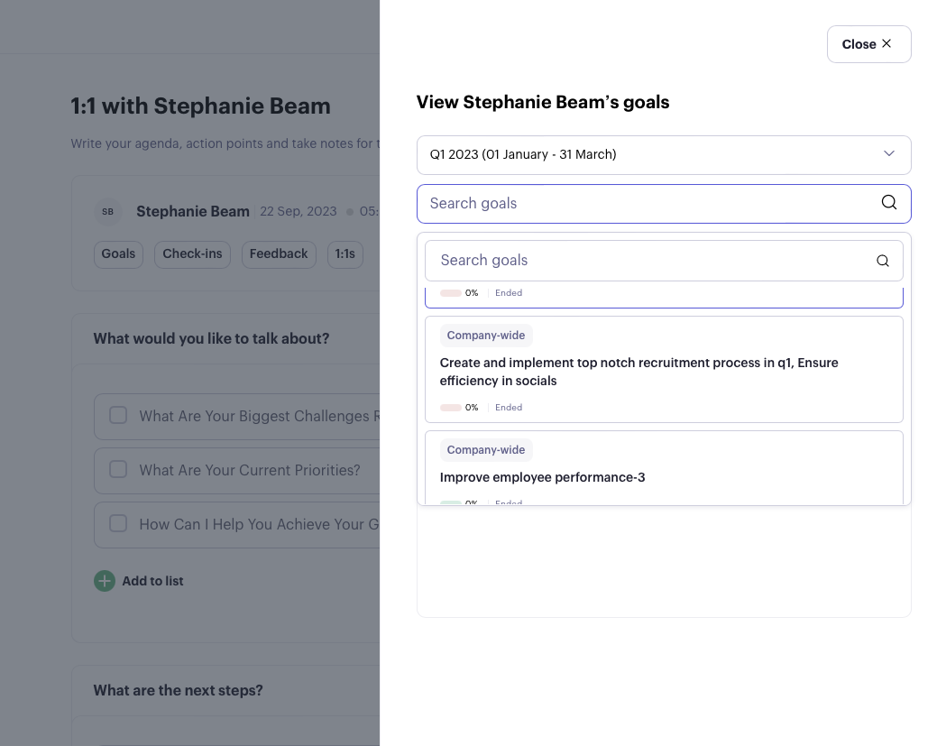 Beam meeting page with the team member's goals panel open