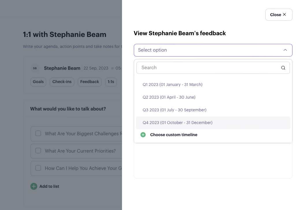 Beam meeting page with a timeline picker for viewing a team member's feedback