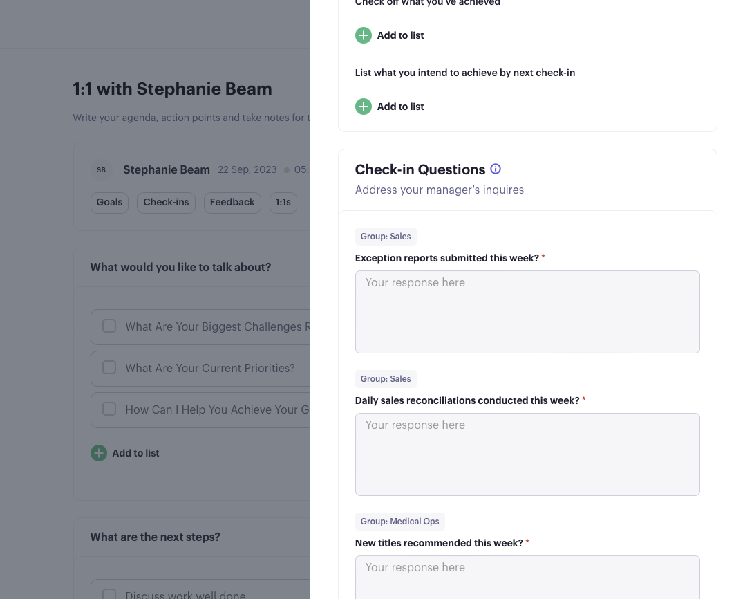 Beam meeting page showing the team member's weekly check-in questions