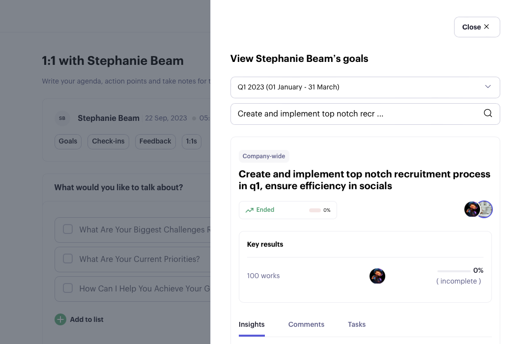 Beam goal details showing a recruitment goal and its key results