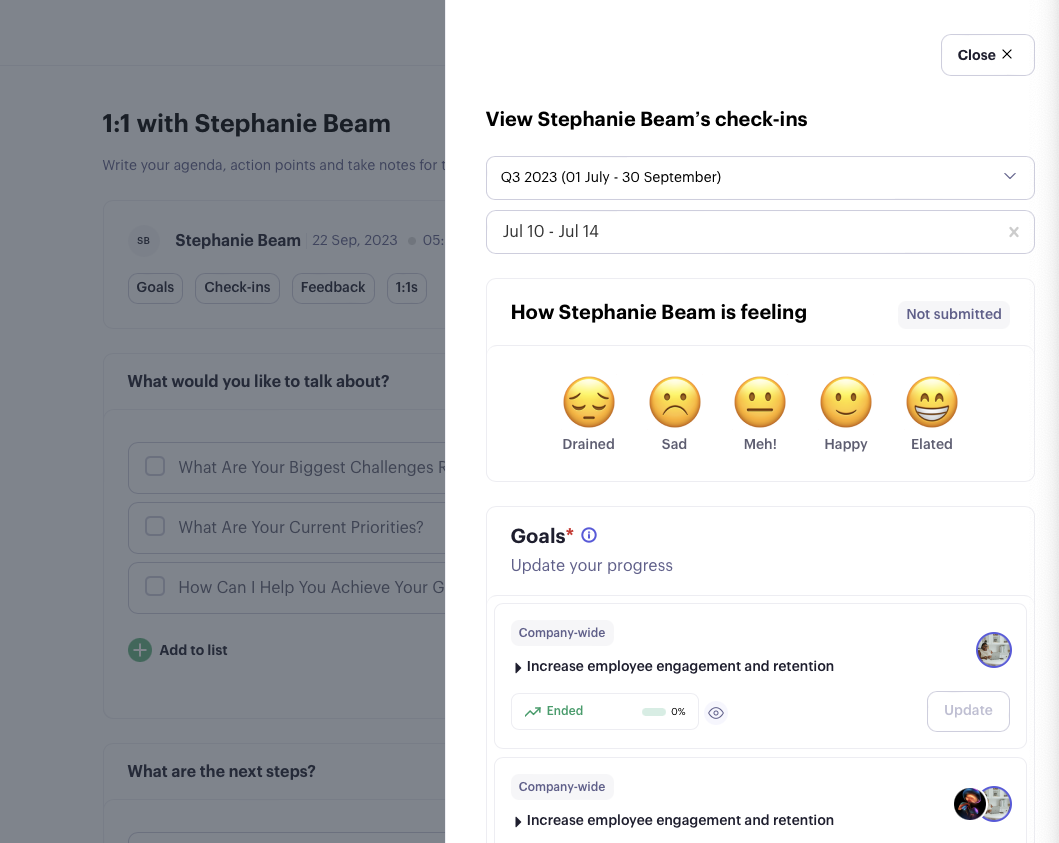 Beam meeting page showing the team member's check-ins, mood and goal updates
