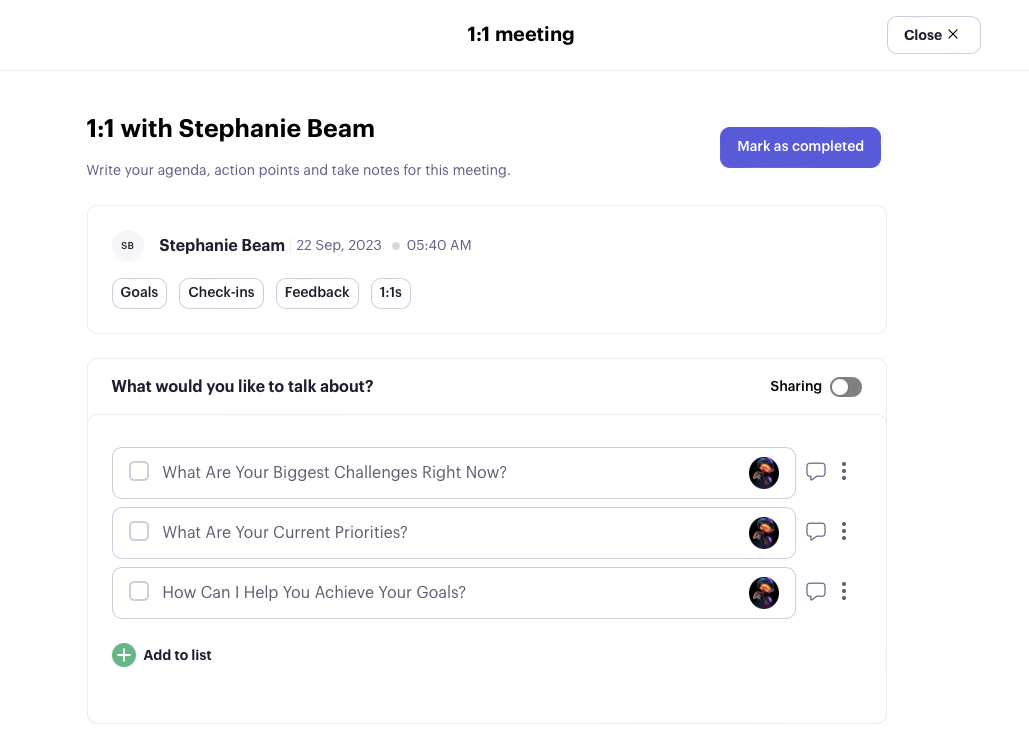Beam meeting page with agenda questions for a team member