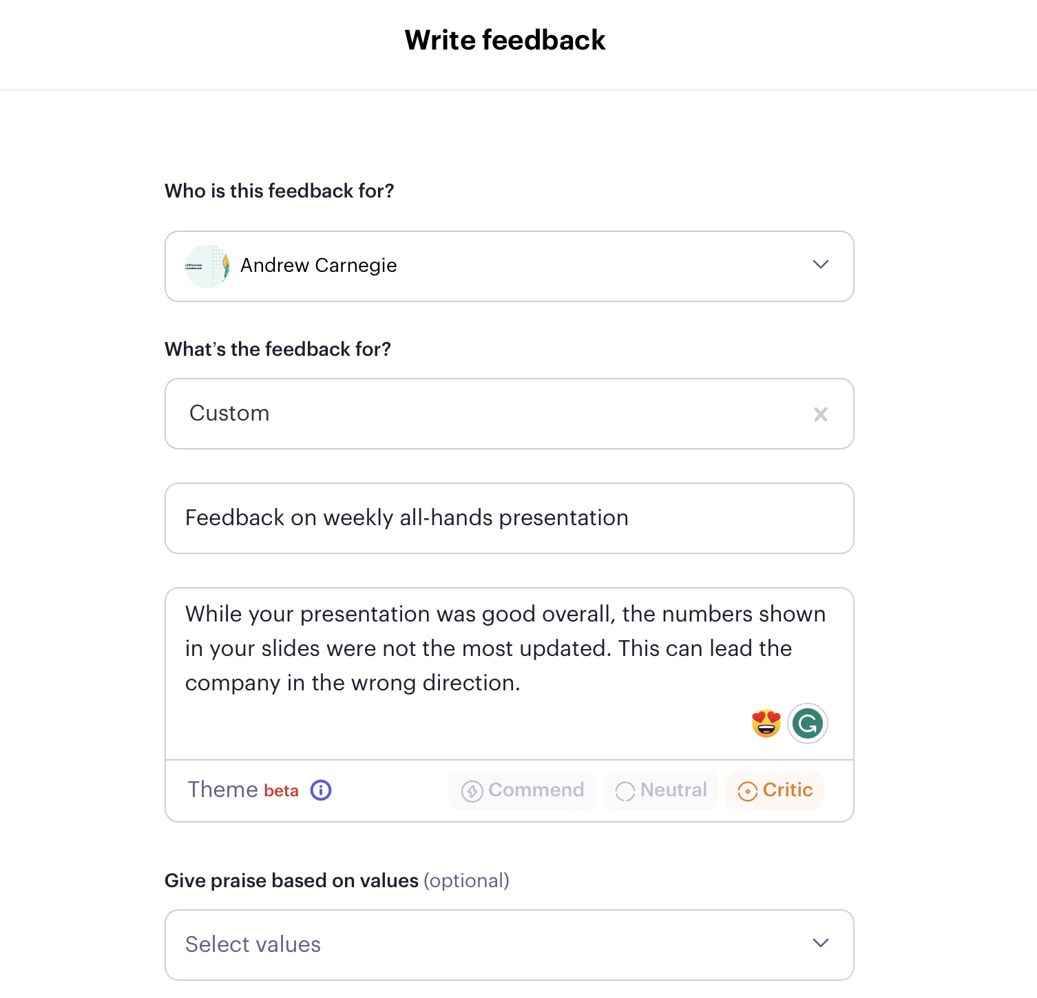 Beam Write feedback form with constructive feedback on a presentation