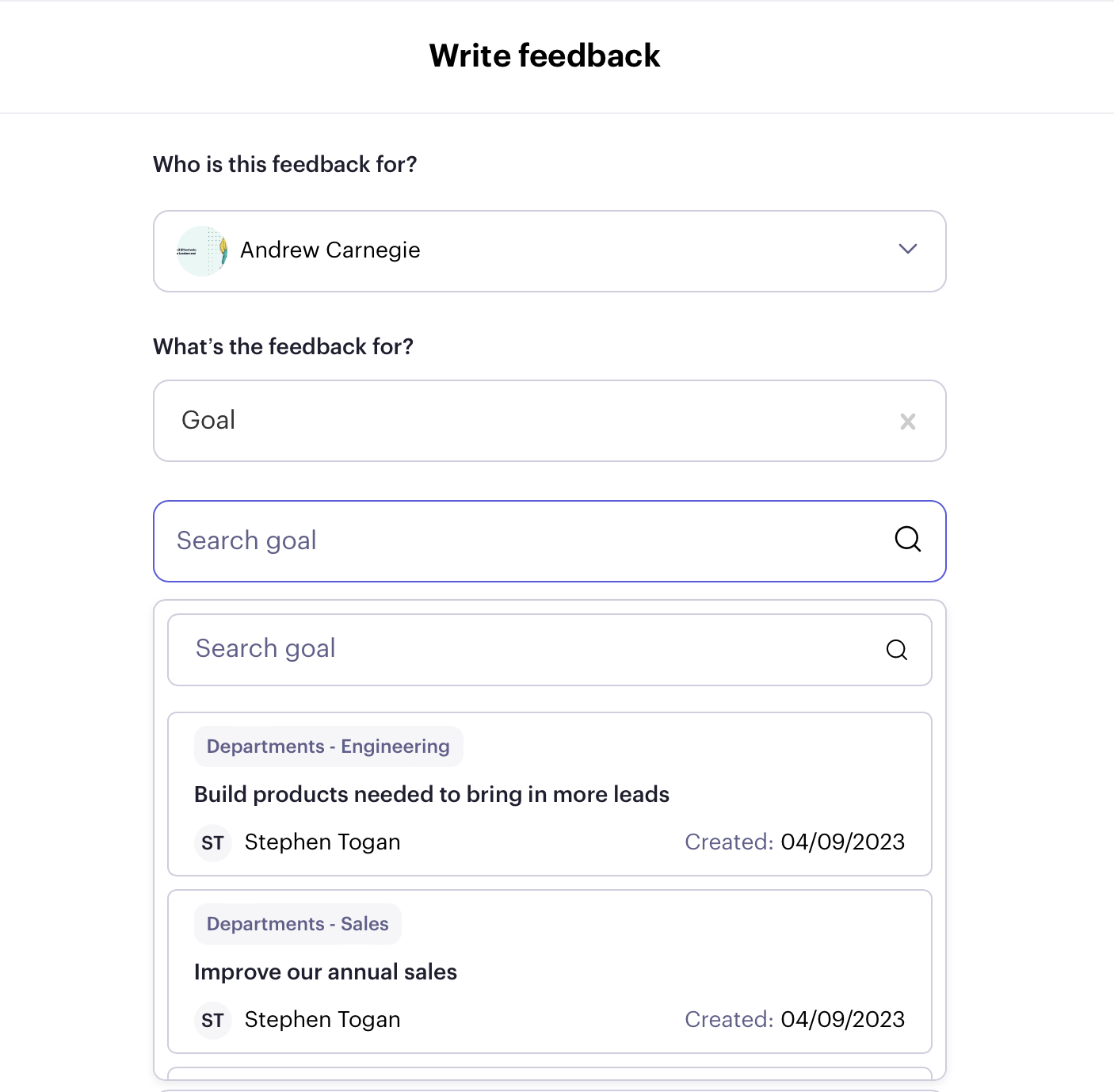 Beam Write feedback form choosing the goal the feedback is about