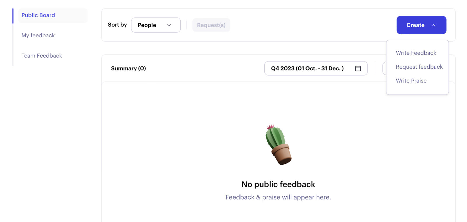 Beam Public Board feedback page with the Create menu open