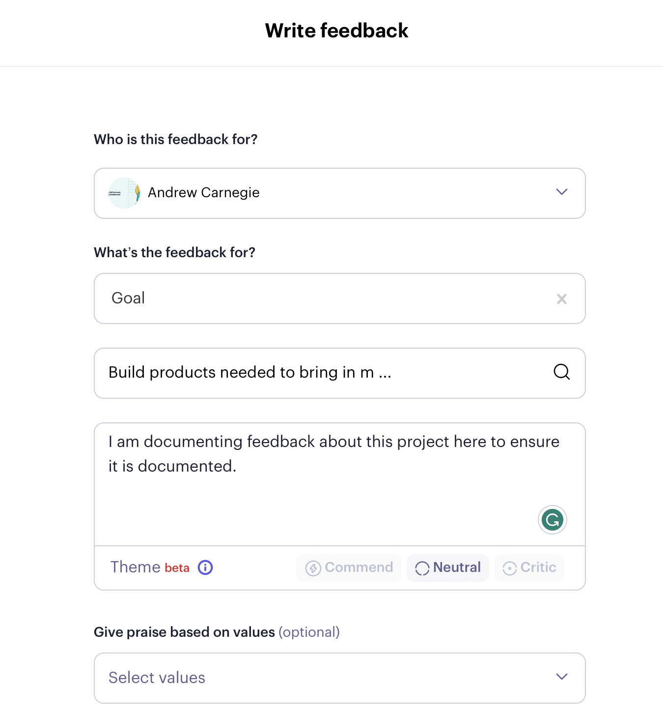Beam Write feedback form documenting feedback on a project goal