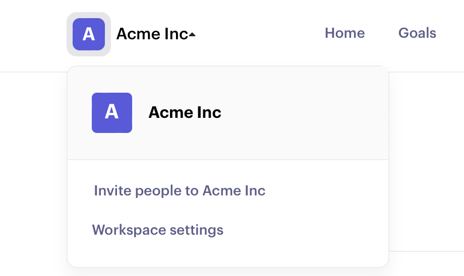 Beam workspace settings menu for Acme Inc