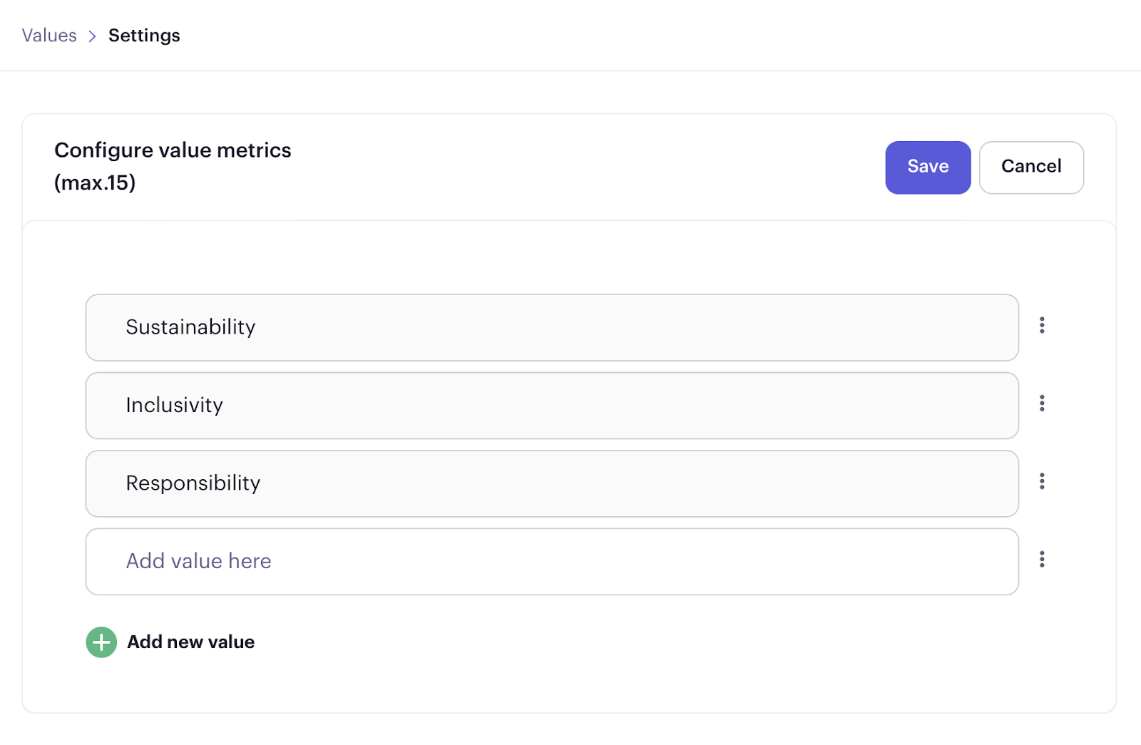 Beam value settings listing Sustainability, Inclusivity and Responsibility