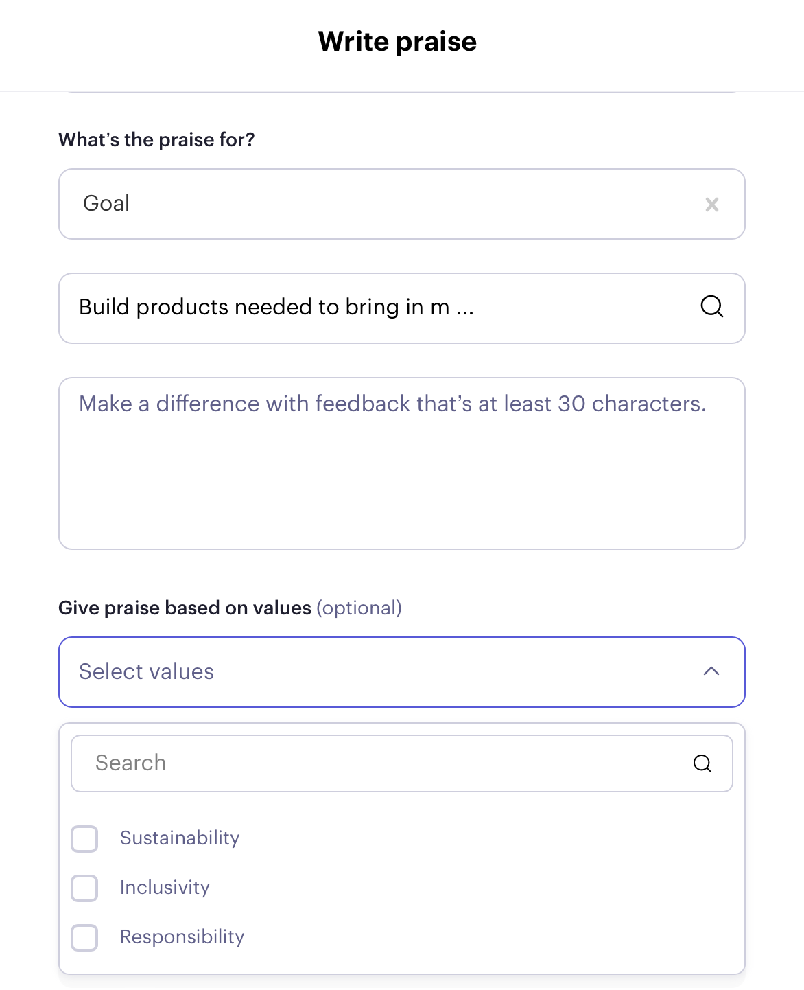 Beam Write praise form with a goal selected and values to tag