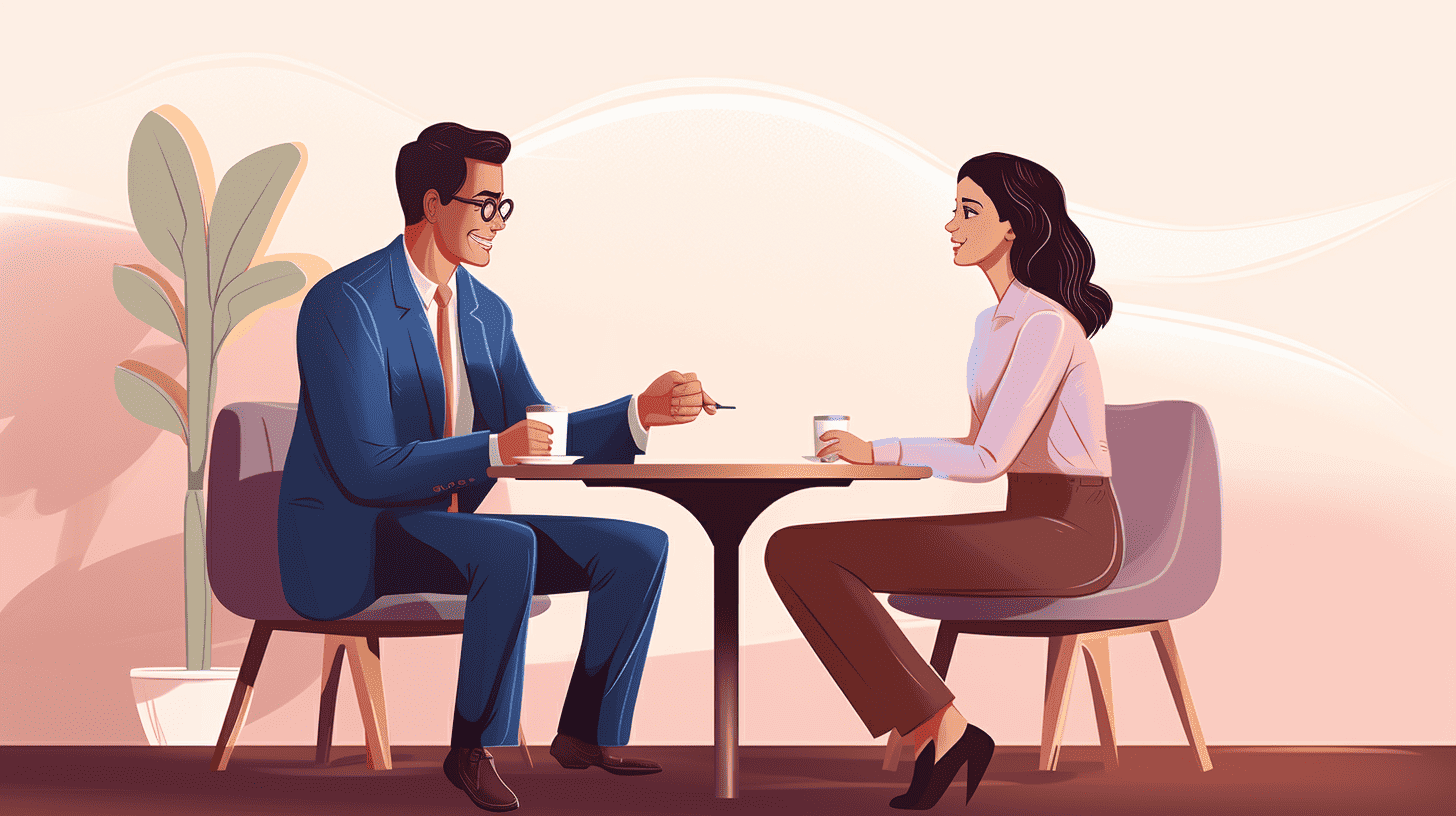 Illustration of a man and a woman talking over coffee at a small table