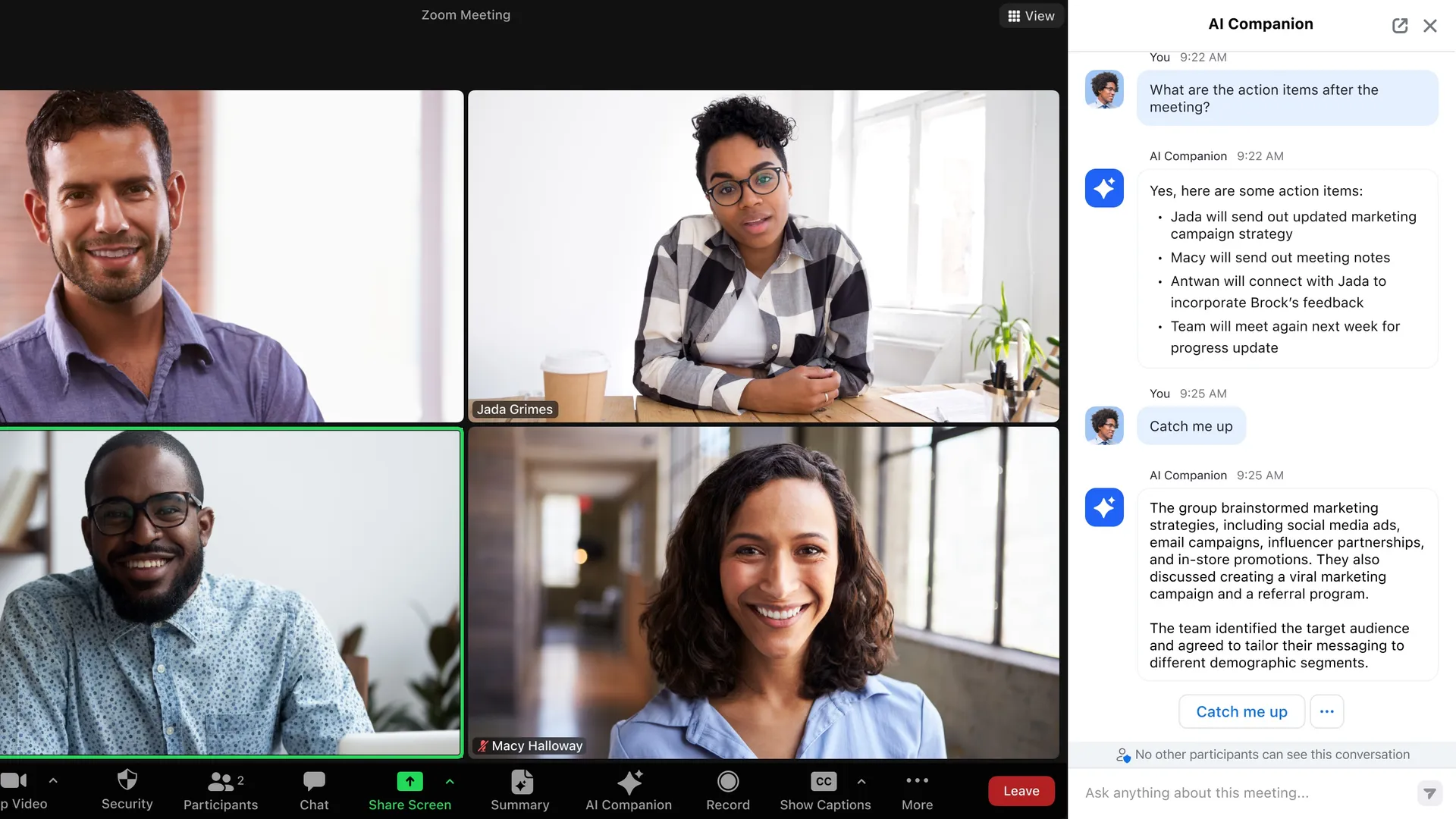 Zoom meeting with the AI Companion panel summarizing action items