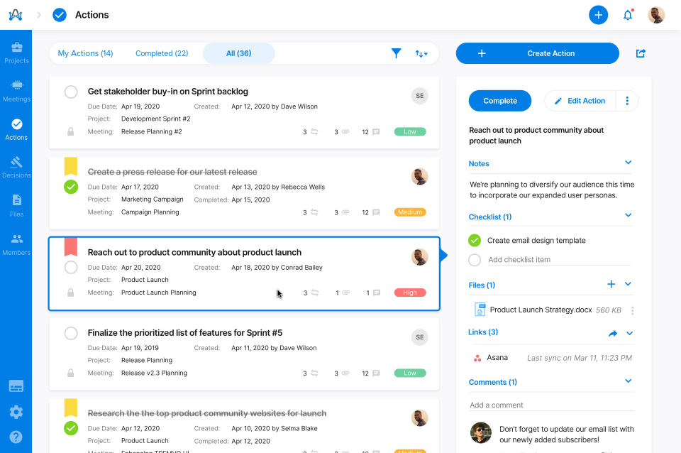 Adam.ai Actions list showing meeting action items with owners and due dates