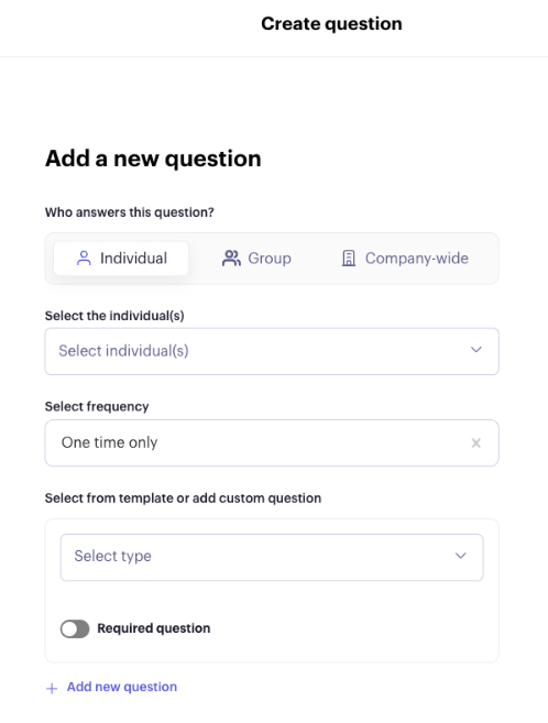 Beam Create question form for adding a check-in question for individuals, groups or the whole company