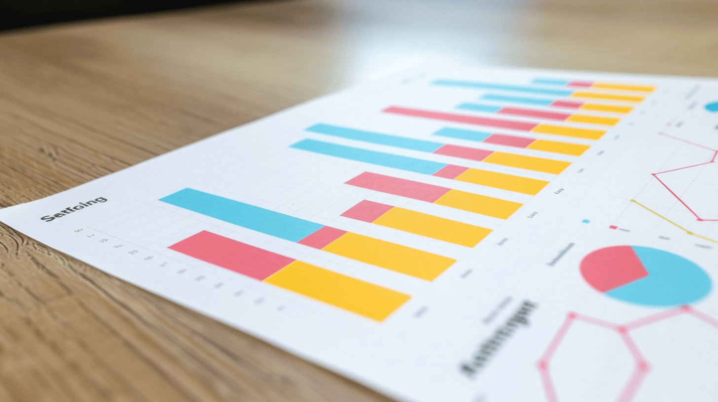 Printed bar chart report lying on a wooden table