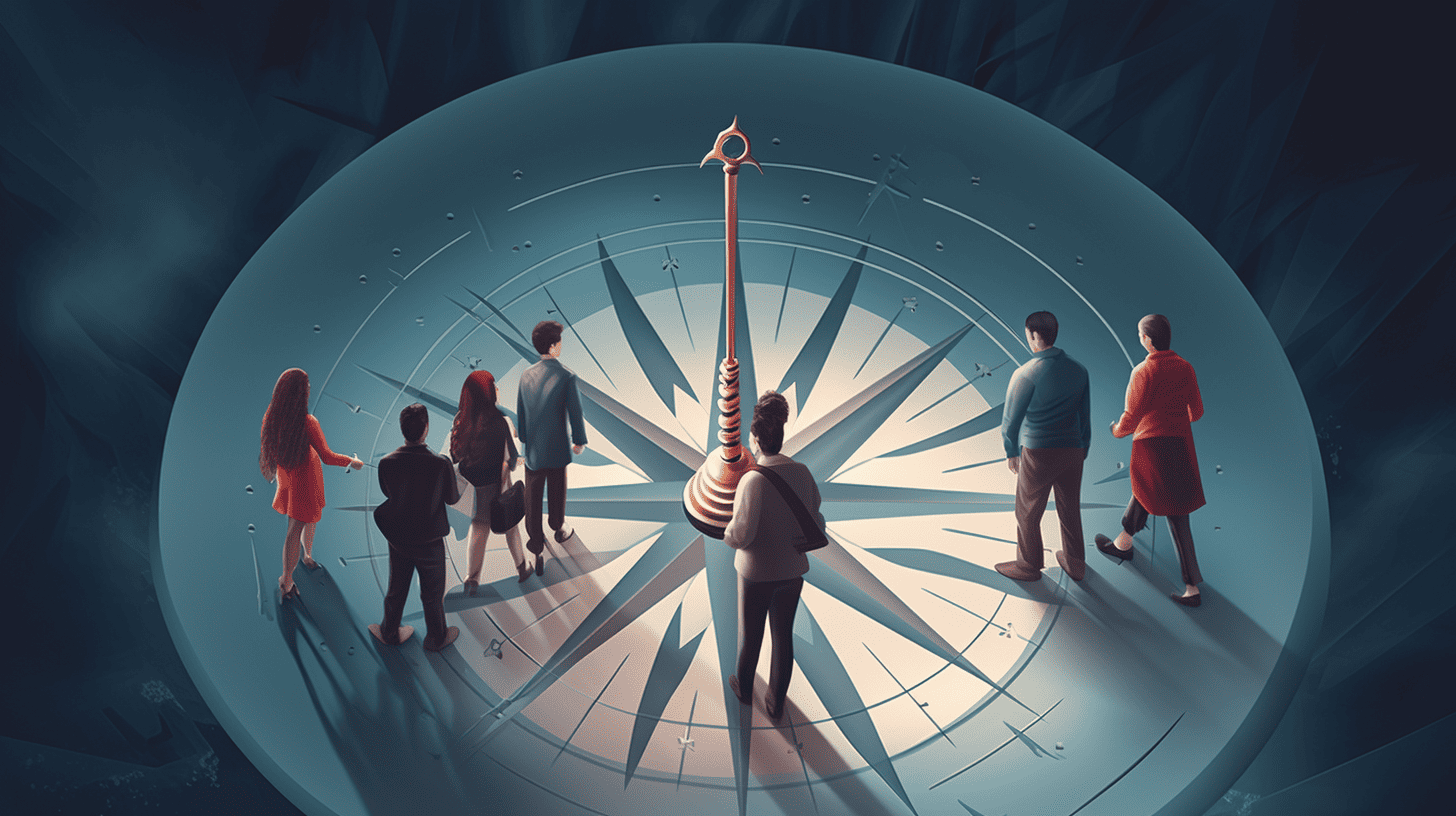 Illustration of people standing on a giant compass pointing the way