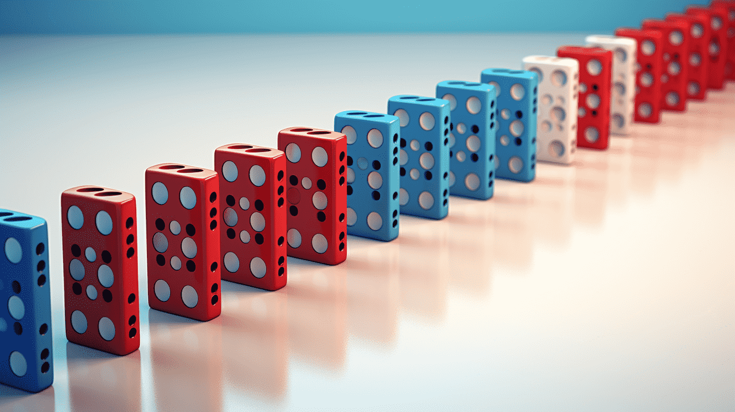 Beam-series of dominoes, lined up in a row