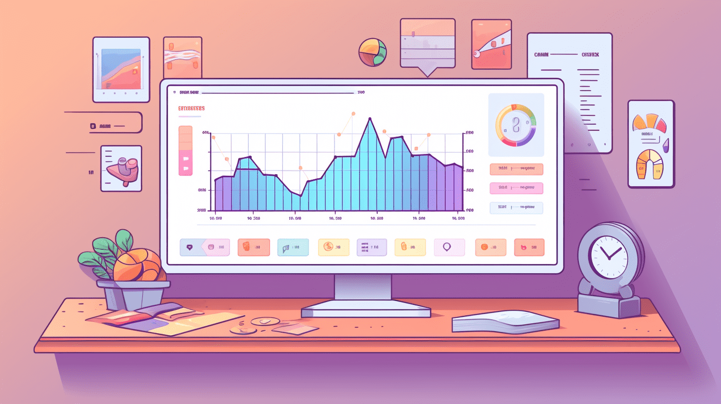 Illustration of a desk with a computer showing a KPI dashboard