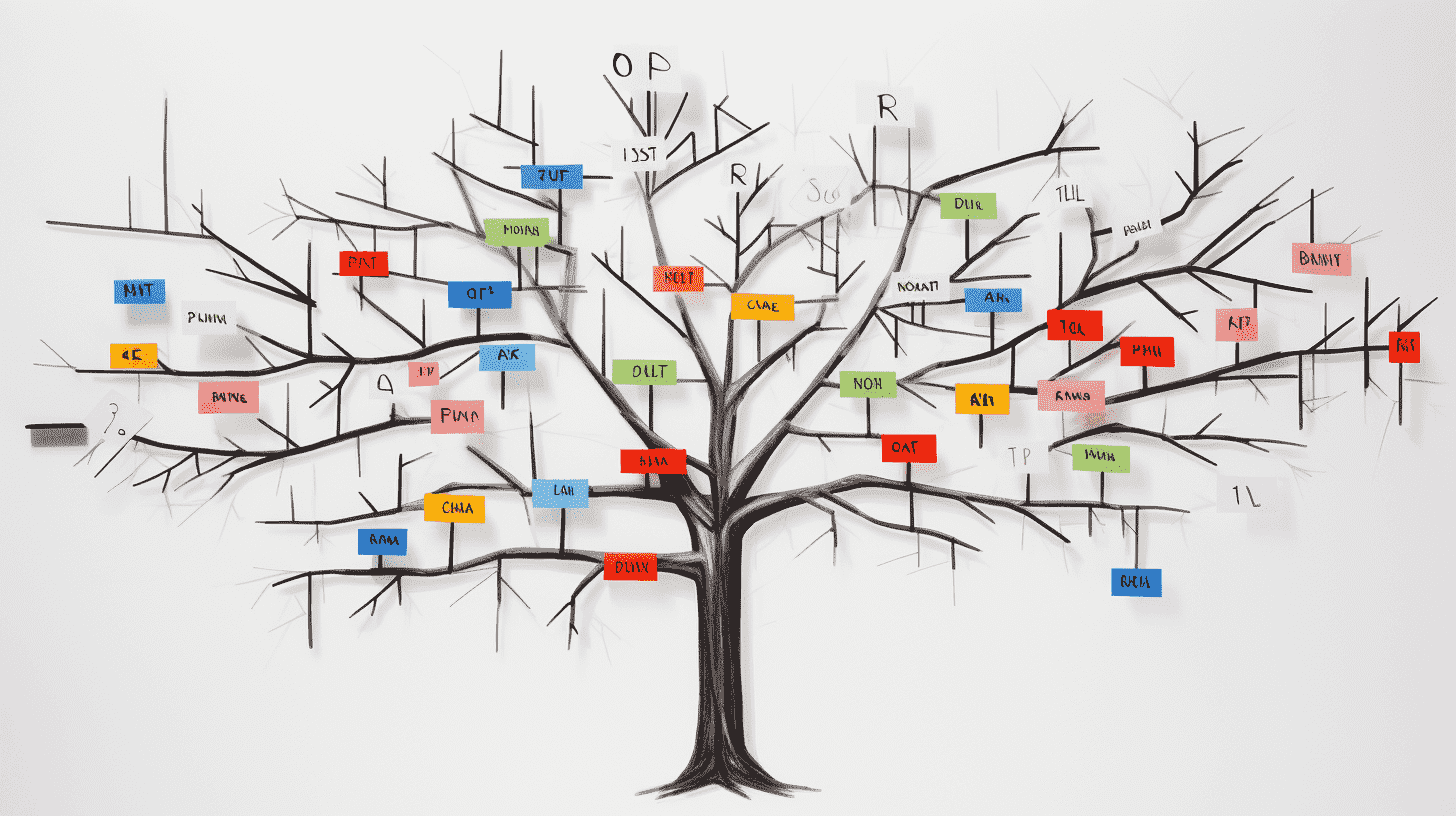 Tree drawing with colored labels on its branches, like a goal tree