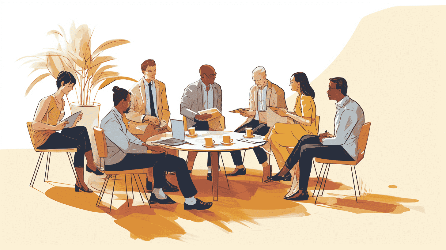 Illustration of a team meeting around a table with coffee
