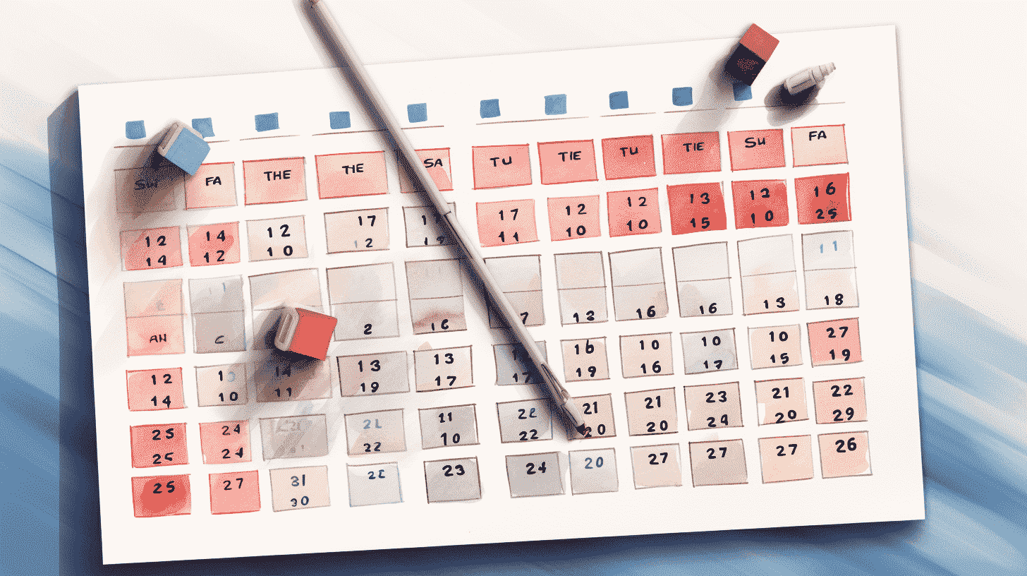Calendar page with a pencil and small blocks marking dates