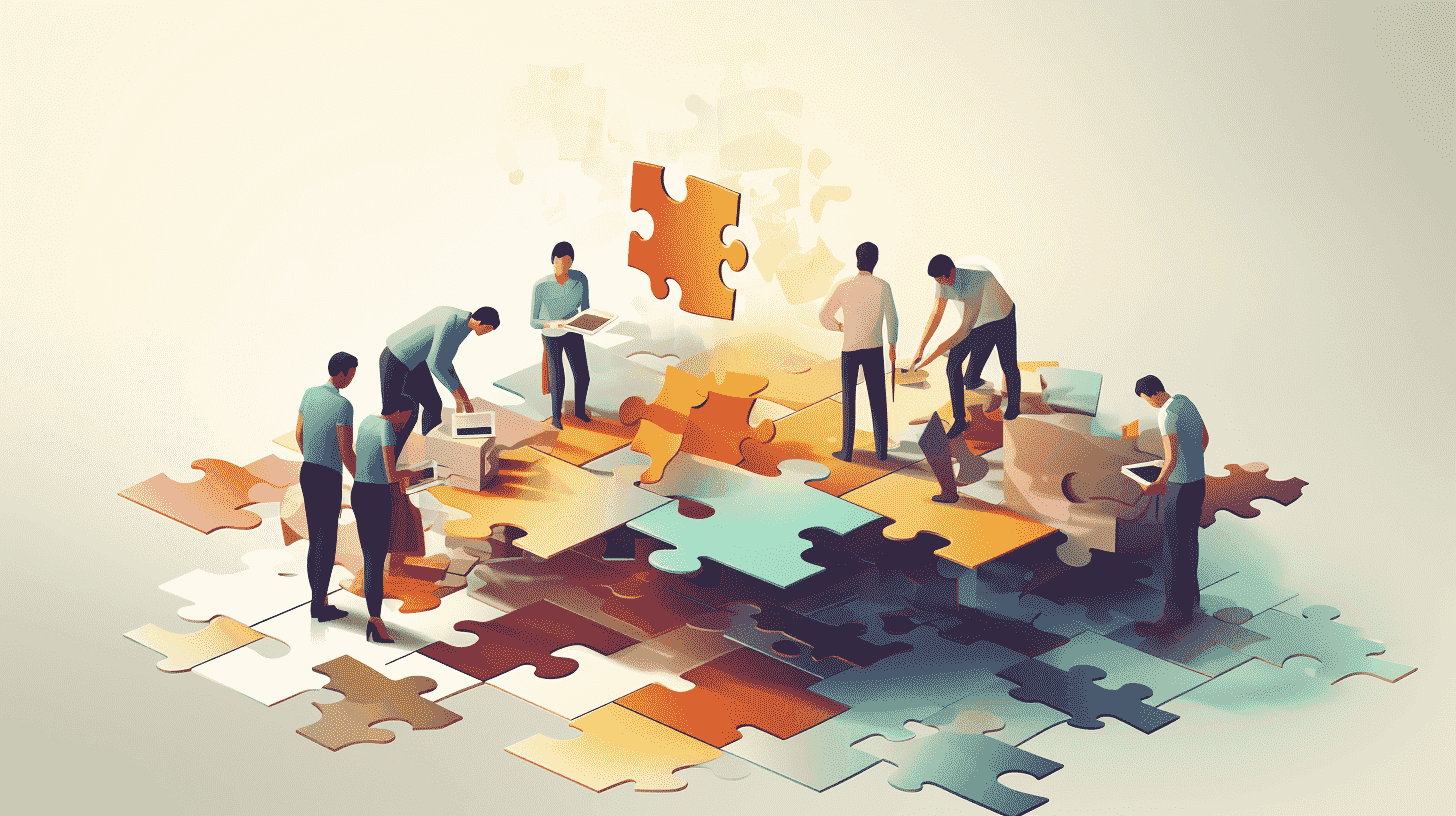 Illustration of people assembling a large jigsaw puzzle
