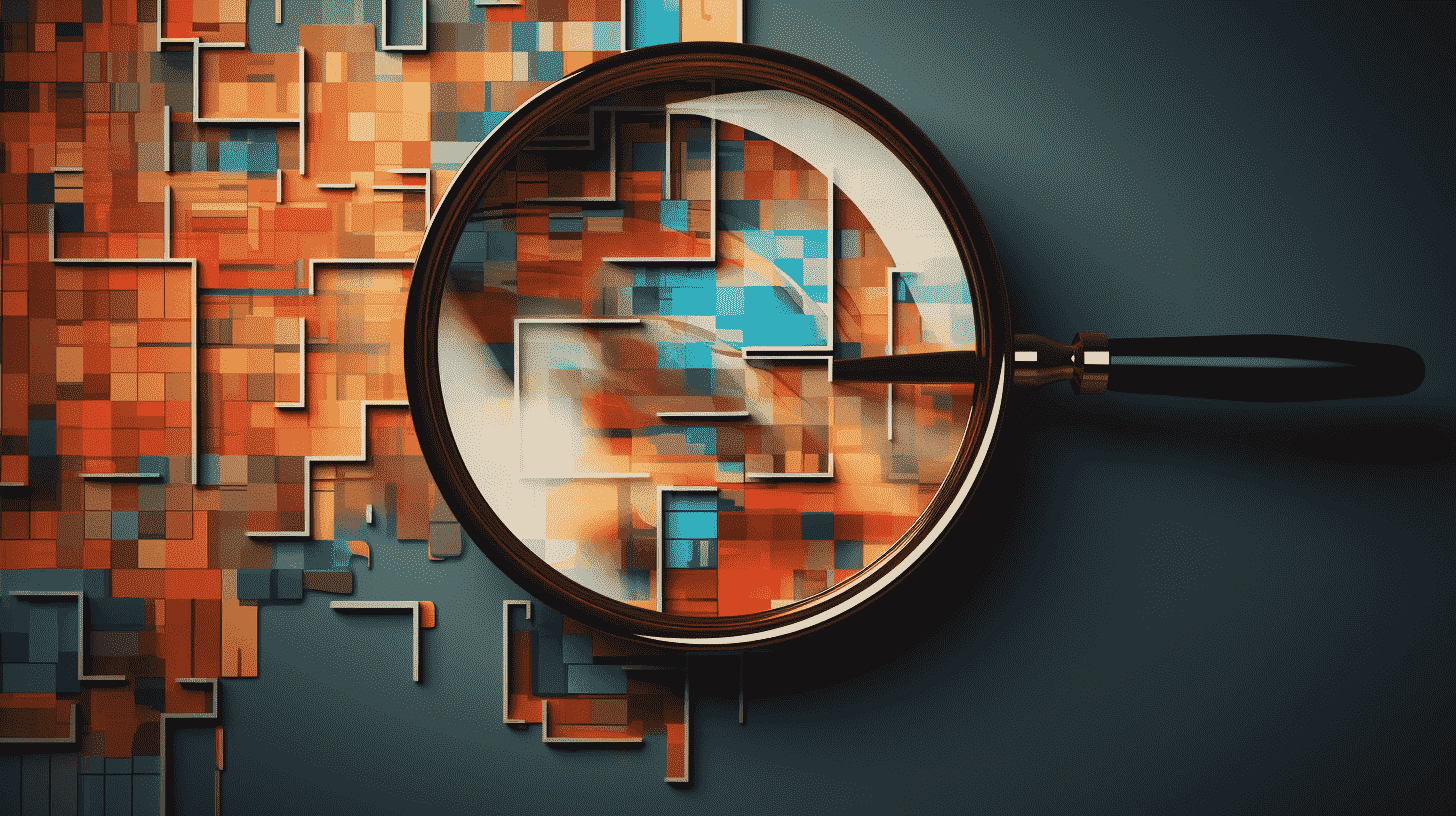 Magnifying glass over a colorful mosaic of tiles