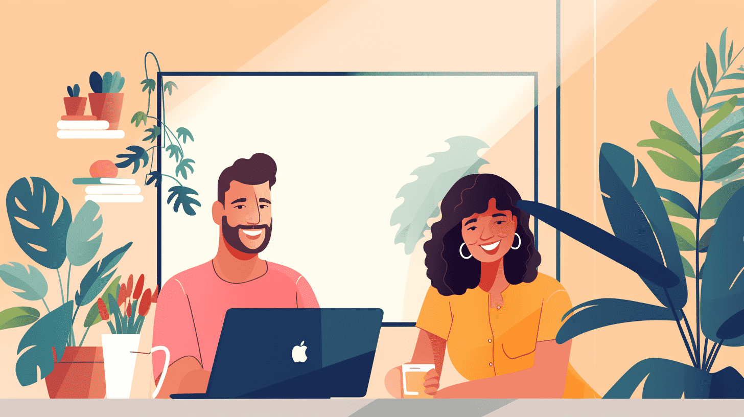 Illustration of two smiling colleagues on a video call
