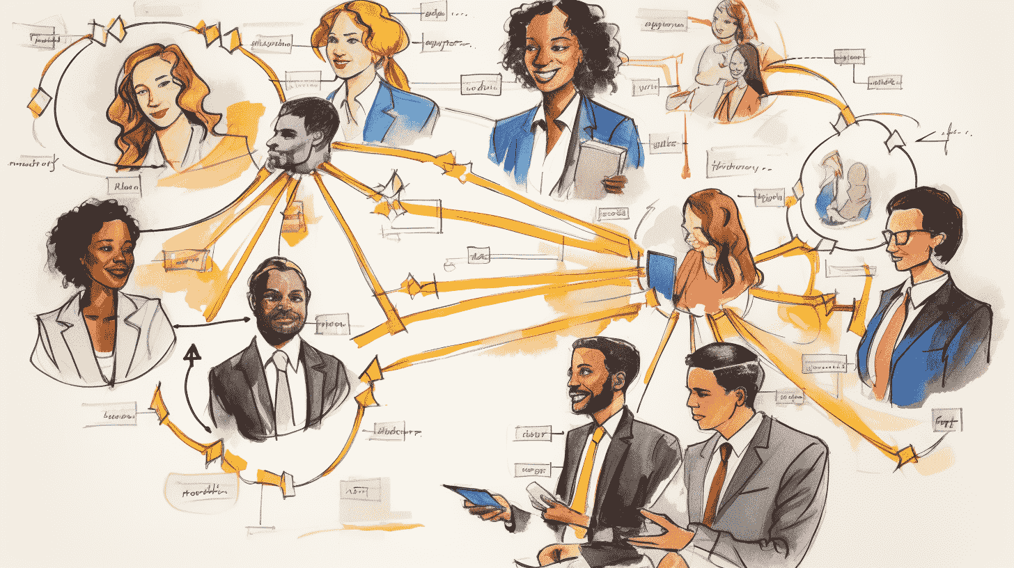 Sketch of colleagues connected by arrows passing feedback between them