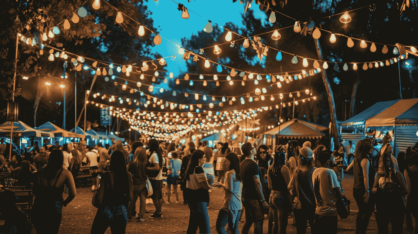 Crowd at an outdoor evening event under strings of lights
