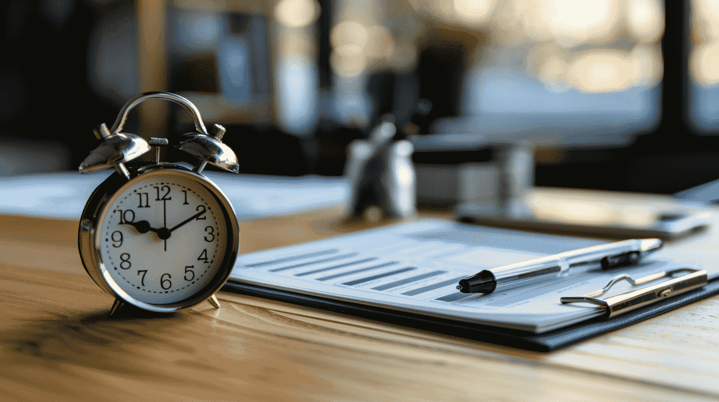 Alarm clock beside a clipboard and pen on a wooden desk