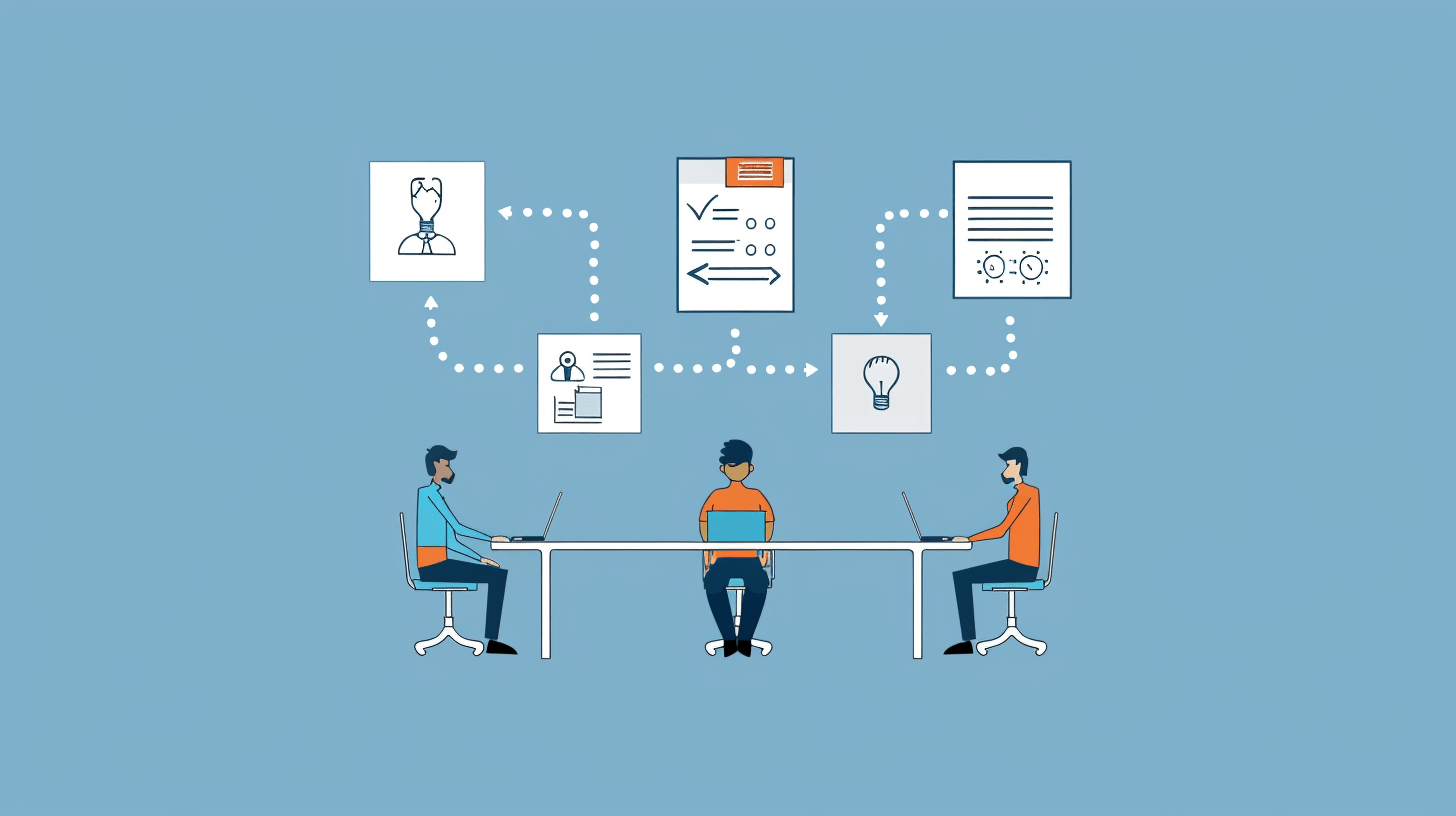 Illustration of three people at desks connected to survey and feedback icons