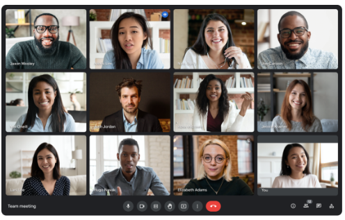 Google Meet video call with a grid of team members