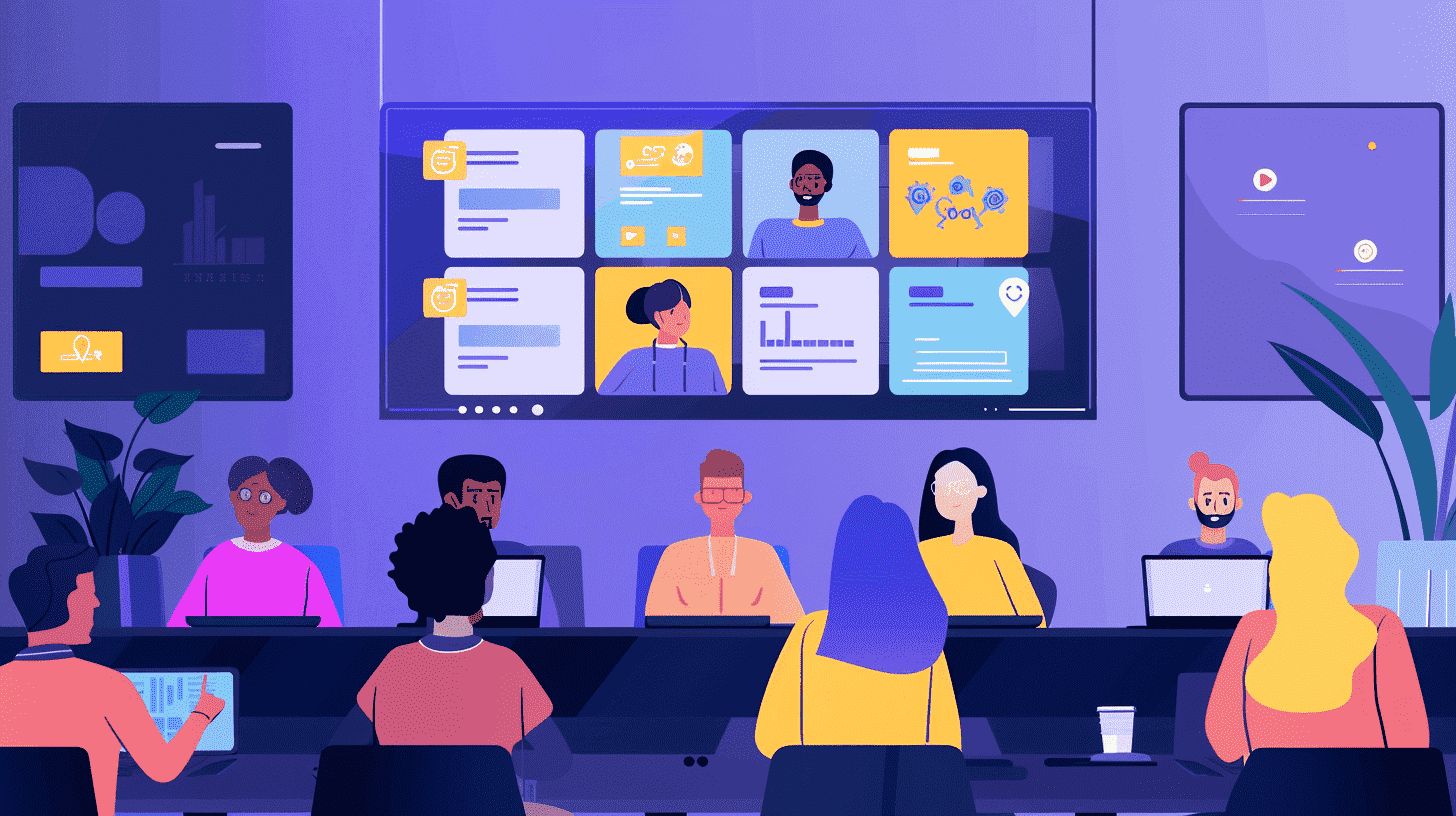 Illustration of a team on a video call with a grid of meeting tiles