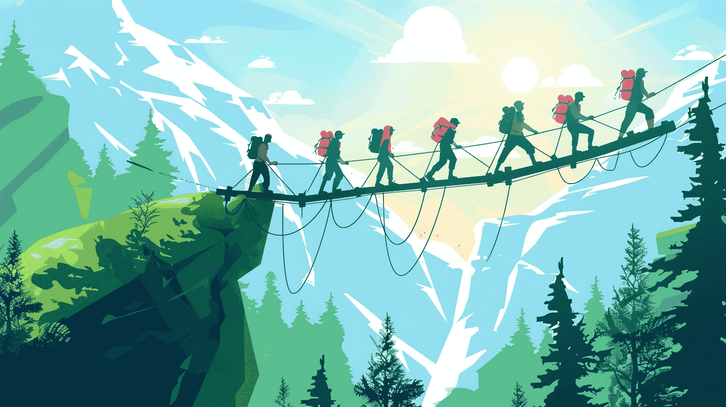 Illustration of a team of hikers crossing a rope bridge between mountain cliffs