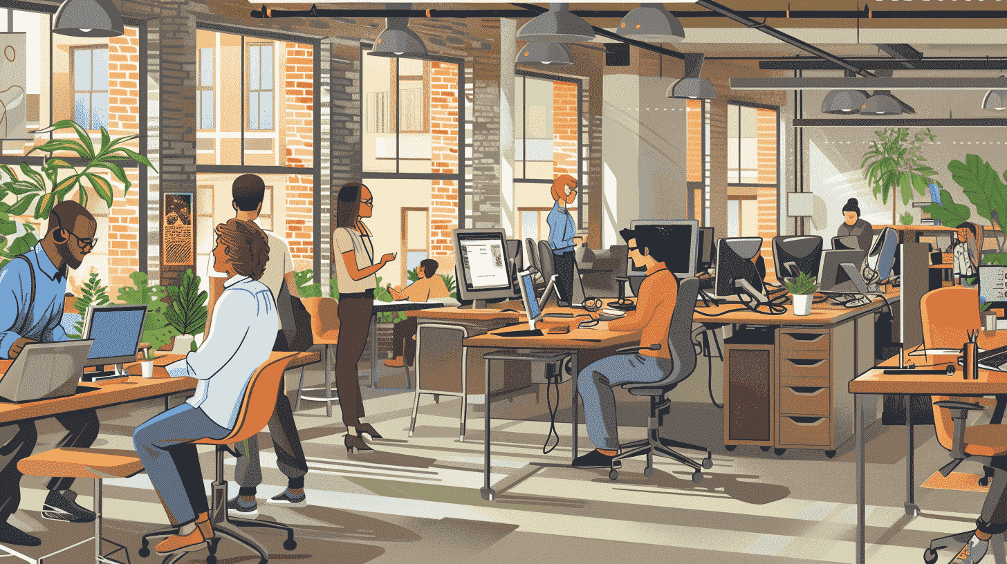 Illustration of a busy open-plan startup office with people at desks