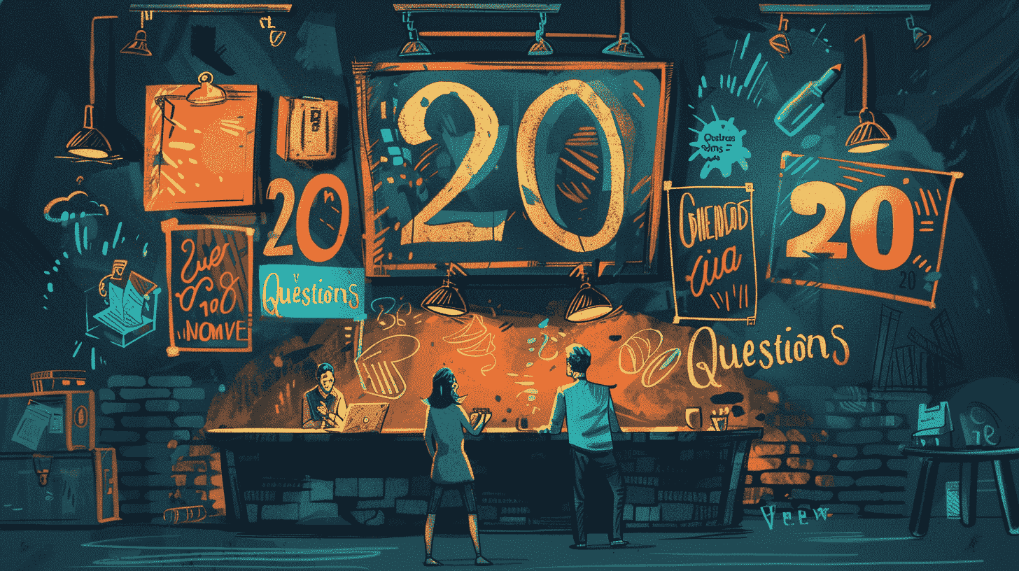 Illustration of chalkboard walls covered with the number 20 and questions